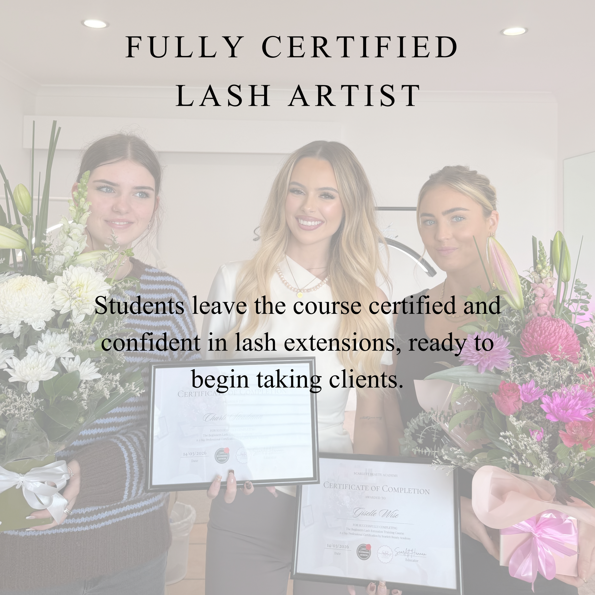 1:1 lash extension training course at scarlett beauty academy with instructor giving certificates to students