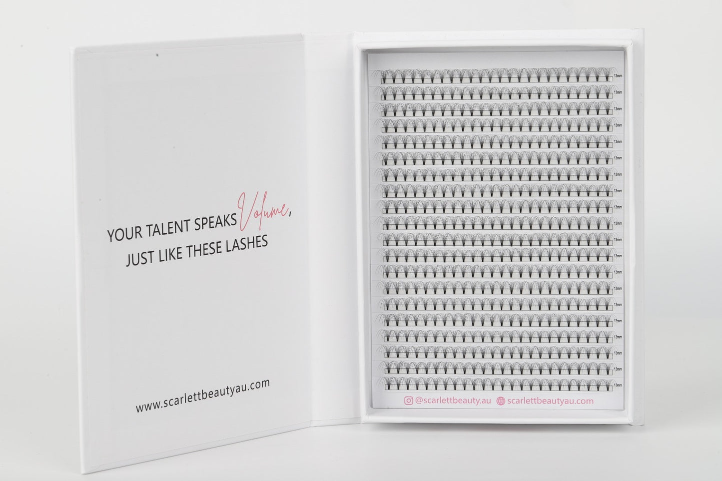 Scarlett Beauty 10D premade lash extension XL Trays ultra soft cashmere, Korean PBT fibre lashes for professional lash artists.