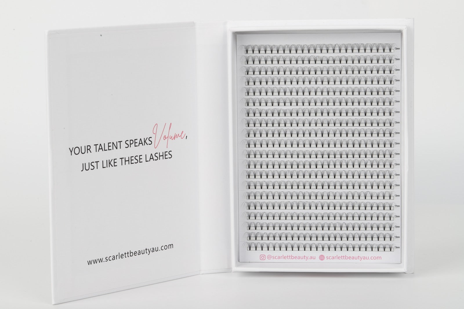 Scarlett Beauty 10D premade lash extension XL Trays ultra soft cashmere, Korean PBT fibre lashes for professional lash artists.