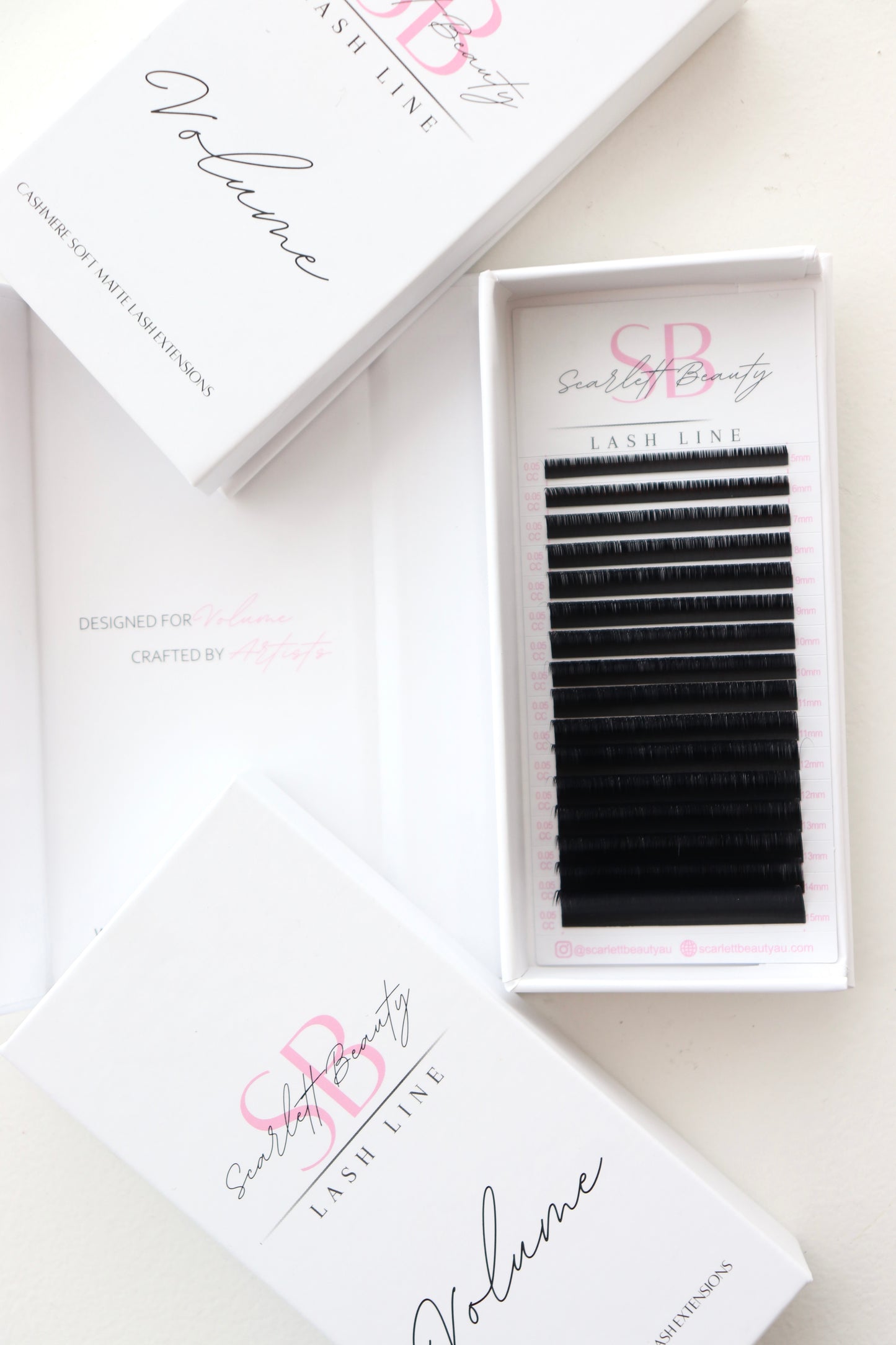 Scarlett Beauty Volume Cashmere Lash Extensions Trays- matte black cashmere lashes for handmade volume and custom sets for professional lash artists