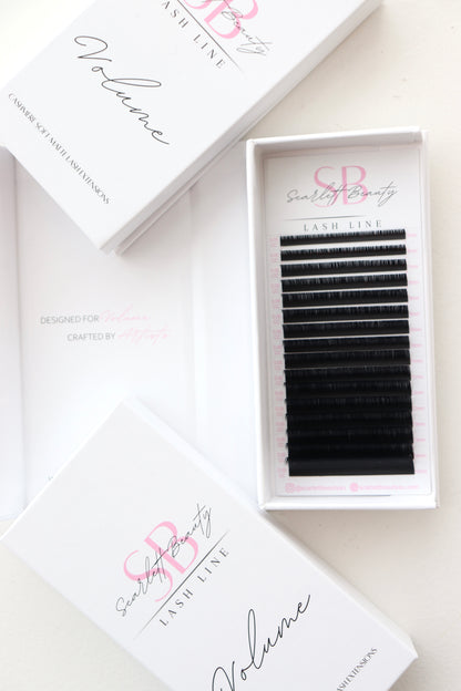 Scarlett Beauty Volume Cashmere Lash Extensions Trays- matte black cashmere lashes for handmade volume and custom sets for professional lash artists
