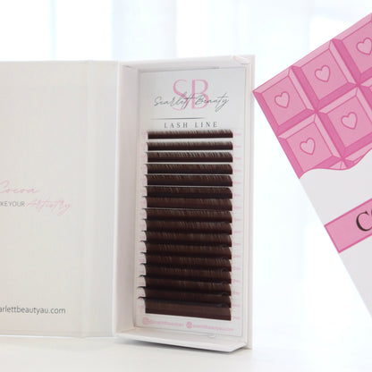 Scarlett Beauty Brown Lash Extensions Tray- soft brown cashmere lashes for soft volume and custom sets.