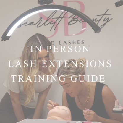 in person lash extensions training session at scarlett beauty academy with instructor guiding a student. free ebook download