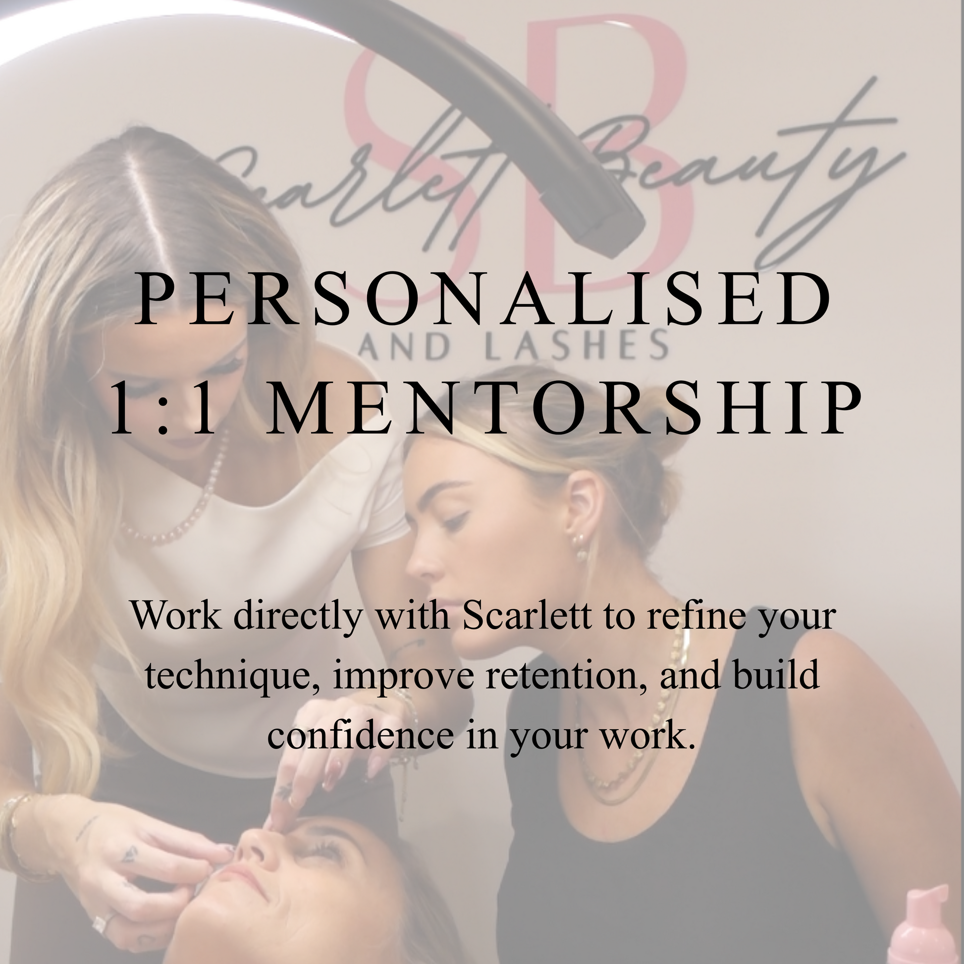 lash mentorship 1:1 guidance at scarlett beauty with instructor supporting a student during a lash extension application 