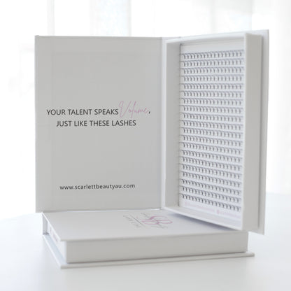 Scarlett Beauty 4D premade lash extension XL Trays ultra soft cashmere, Korean PBT fibre lashes for professional lash artists.