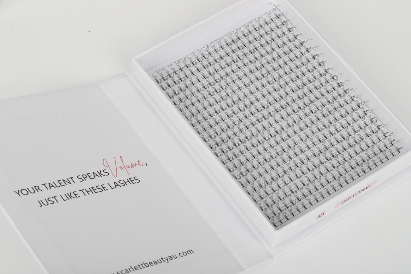 Scarlett Beauty 4D premade lash extension XL Trays ultra soft cashmere, Korean PBT fibre lashes for professional lash artists.